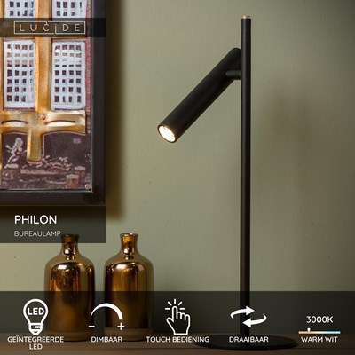 Lucide PHILON - Bureaulamp - Ø 13 cm - LED Dimb. - 1x4,5W 3000K - Zwart